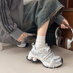 【林允同款】厚底老爹鞋女款2025新款春季网面透气百搭银色运动鞋