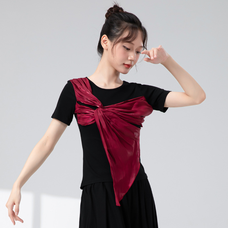 古典舞蹈服女新款短袖交叉扭花中国风练功服飘逸现代舞演出服上衣|undefined