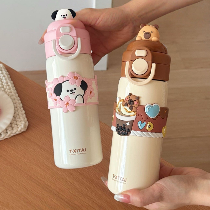 Kapibala 魔法瓶カップかわいい人形学生ダブルドリンクカップポータブルステンレス鋼スクールバッグサイドポケットストローカップ|undefined
