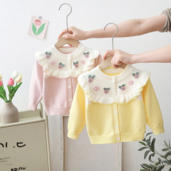 Girls' Korean style knitted coat with a fashionable look for spring and autumn 2023, long-sleeved sweater for babies, children's sweater, flower cardigan 