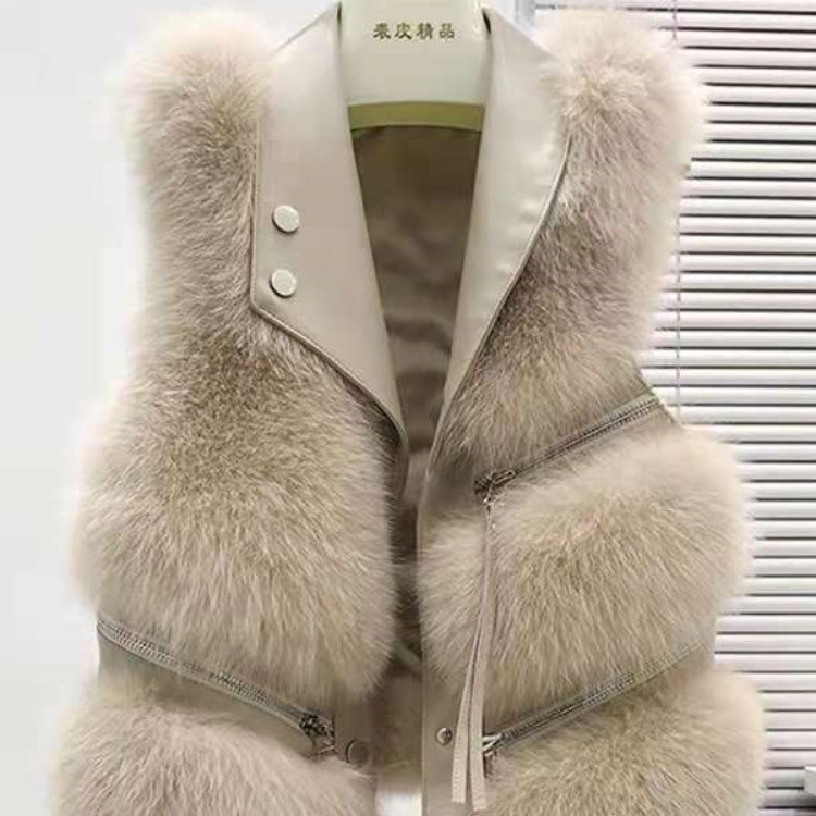 2026 Autumn/Winter Eco-friendly Fox Fur Vest with Notched Lapel Zipper Short Patchwork Faux Fur Fashion (Free Shipping)