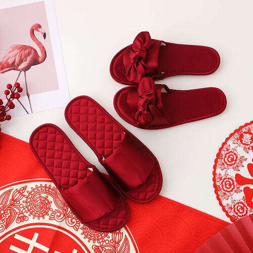Wedding Slippers Summer Women's Festive Red Couple's Silk Dowry Non-Slip Slippers Home Internet Celebrity Large Size Men