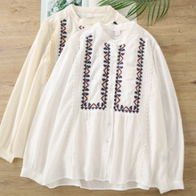 民族风重工刺绣蕾丝拼接长袖衬衫女宽松文艺气质衬衣纯棉上衣百搭