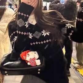 HEYGIRL1黑哥 格林费尔岛 圣诞bi备羊毛v领复古长袖针织毛衣女