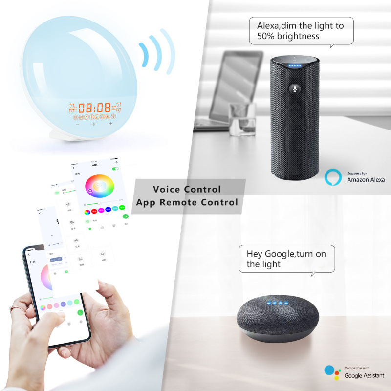 模擬日の出知能覚醒灯wifi音声app制御led七彩ベッドの日没睡眠灯目覚まし時計|undefined