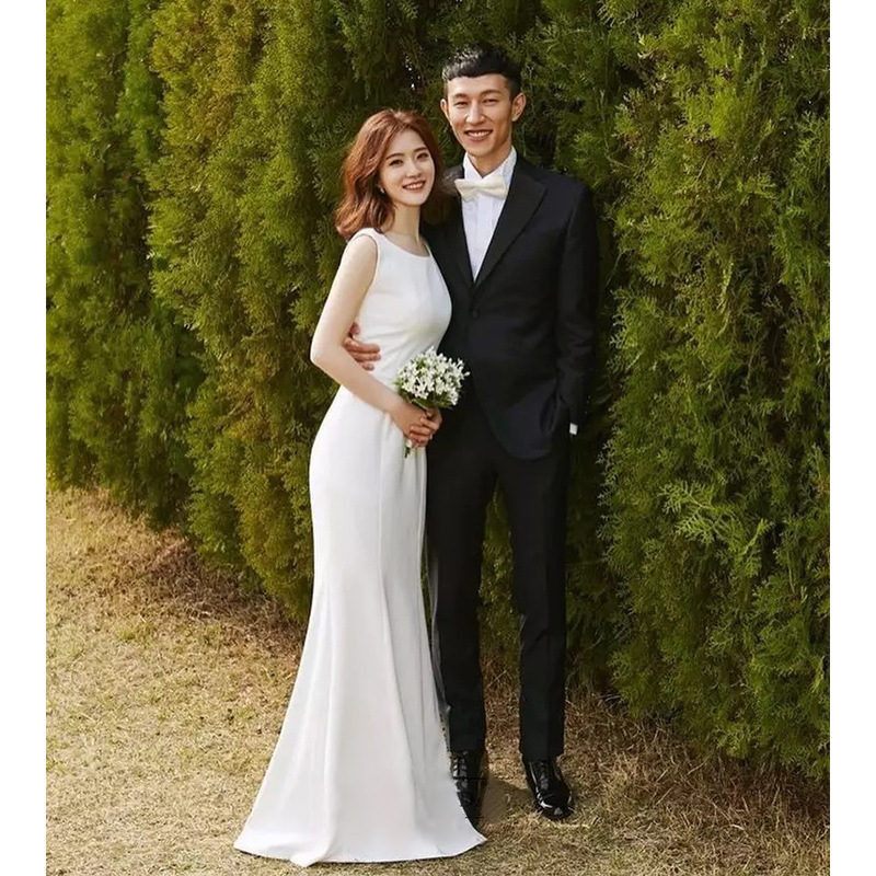 French Satin Evening Dress Aliexpress Cross-Border Retro Simple Bridal Wedding Dress Small Tail Forest Dress Long Skirt