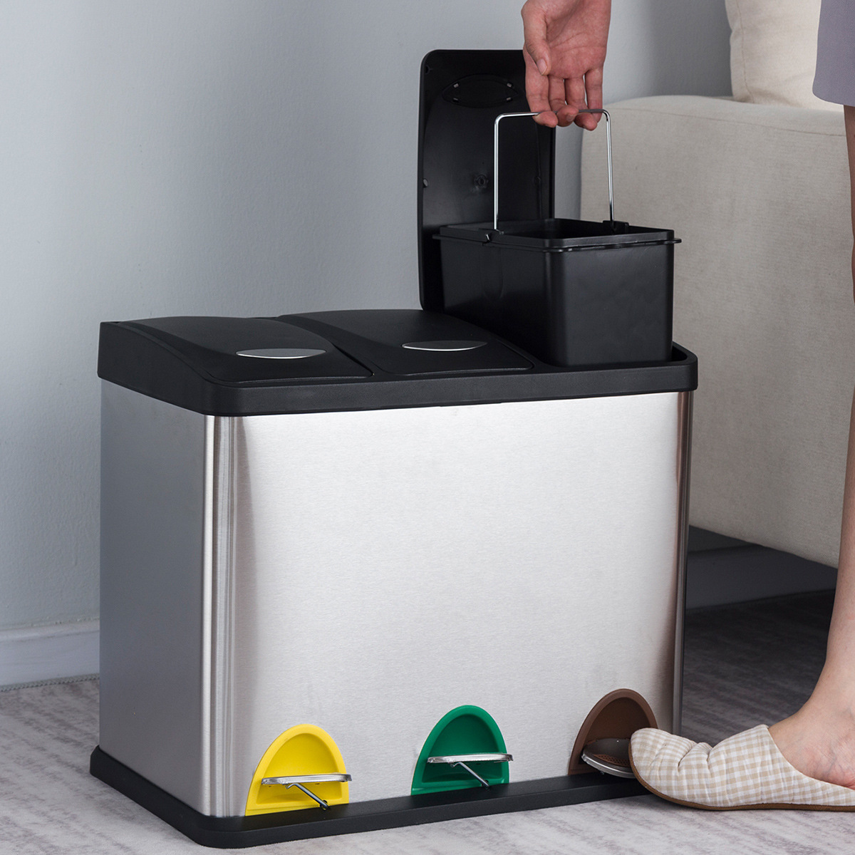 Cubo de basura silencioso con pedal para uso doméstico y comercial, con dos o tres compartimentos para la clasificación de residuos, adecuado para el hogar y la oficina, con pedal de descenso lento para la clasificación de residuos de forma ecológica.