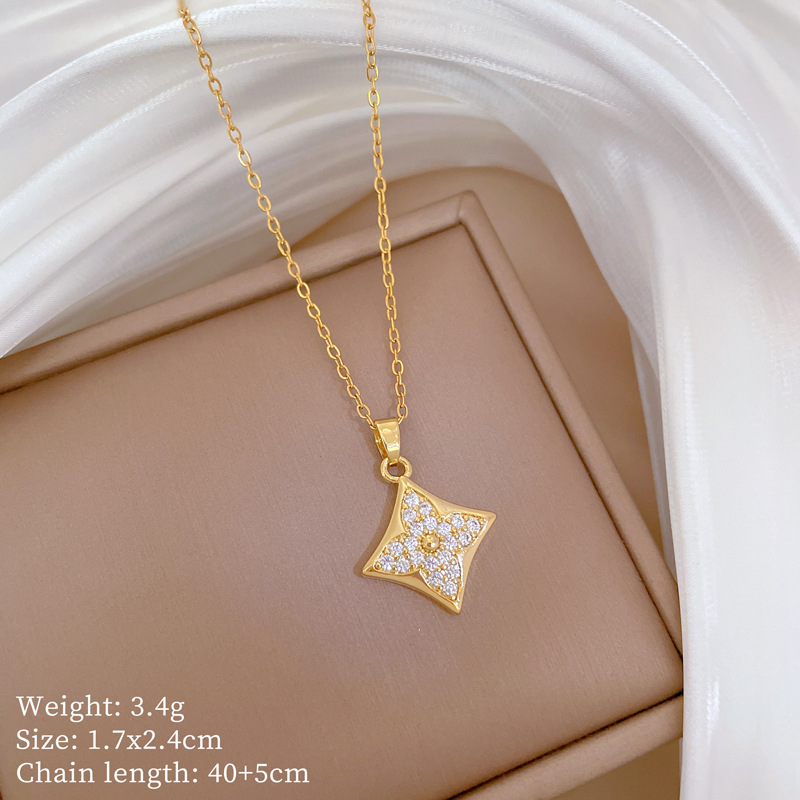 【 Titanium Steel 】 Necklace and earring set, light luxury diamond-shaped four-leaf flower full diamond, personalized and elegant banquet earrings and necklace set pic 2