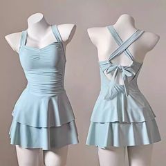 おばあちゃんのマカロンブルー少女水着女性ワンピース風純欲風露背蝶結びかわいい胸パッド付き