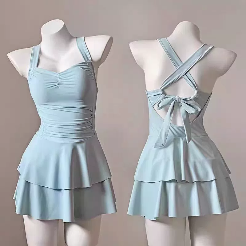 Молочный макарон синий купальник женский цельный юбка