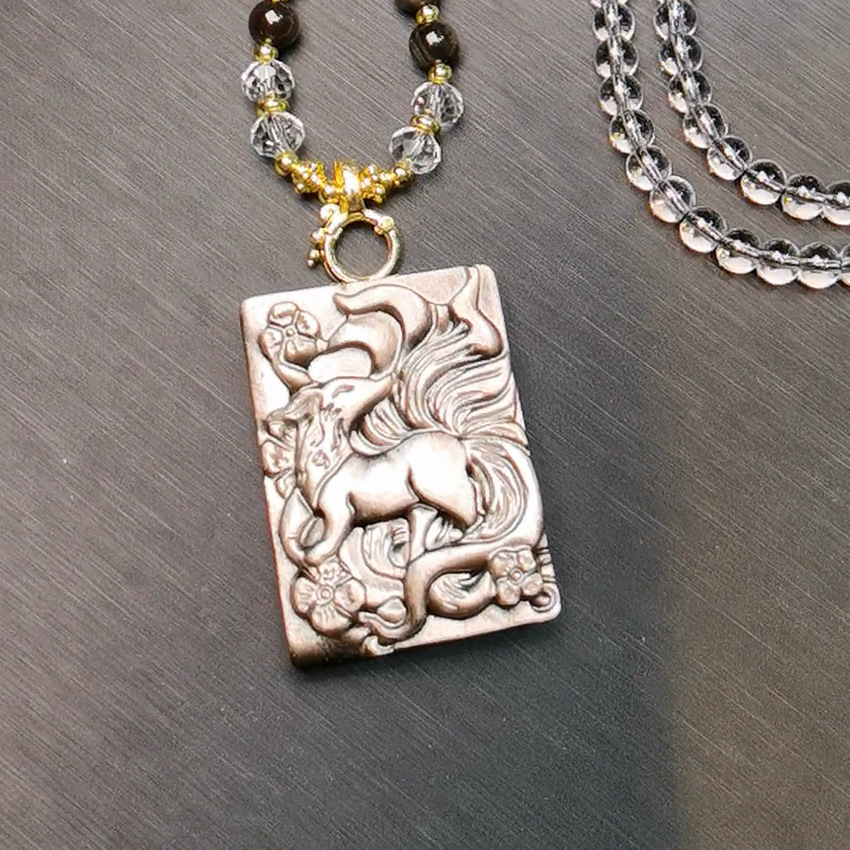 Natural Silver Obsidian Nine-Tailed Plum Blossom General Necklace, Light Luxury Fox Pendant Bead Chain, Gift For Men And_voghion.com