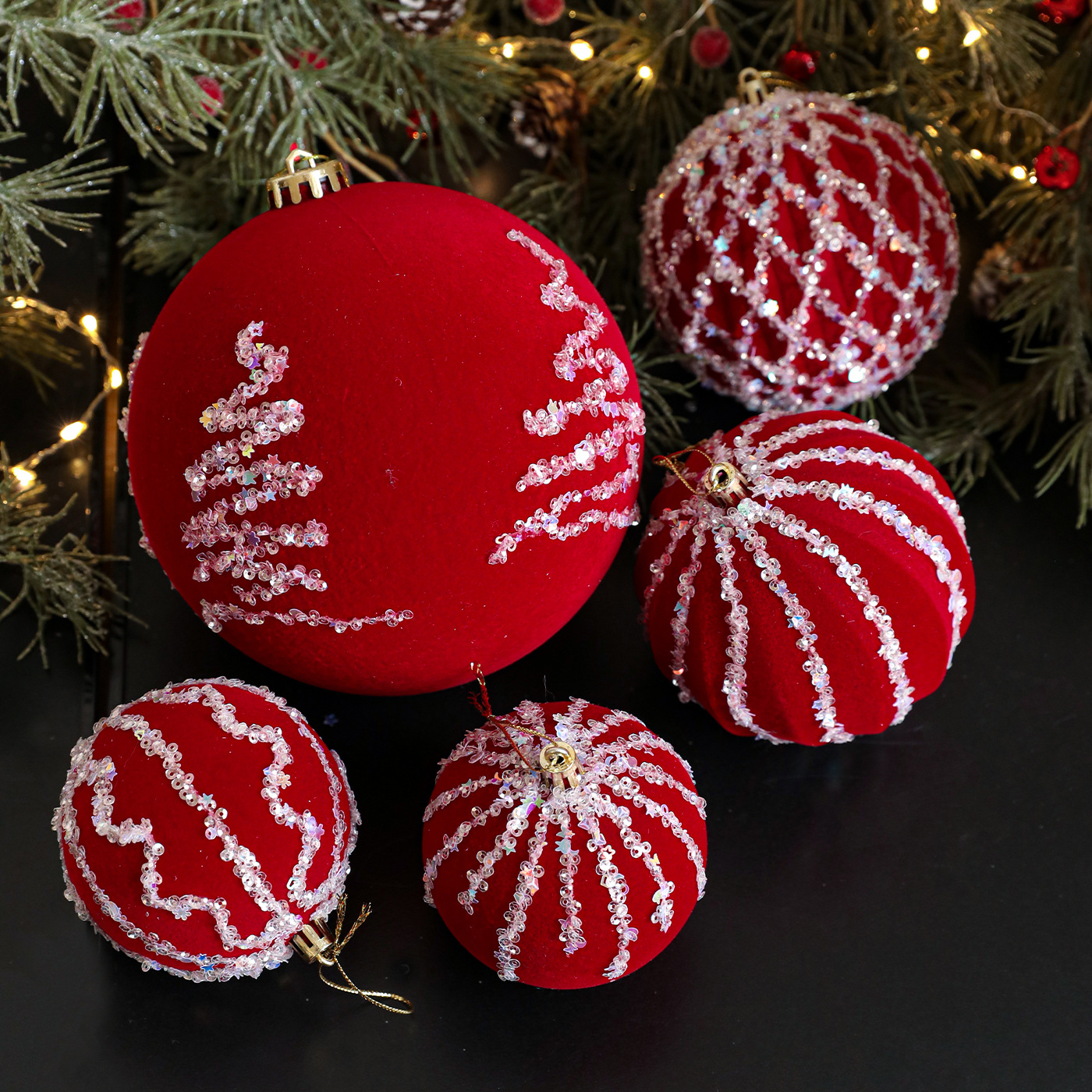 Nuevo rojo flocado bola polvo adhesivo sequinilla bola de Navidad árbol de Navidad ventana decoración del centro comercial accesorios de decoración