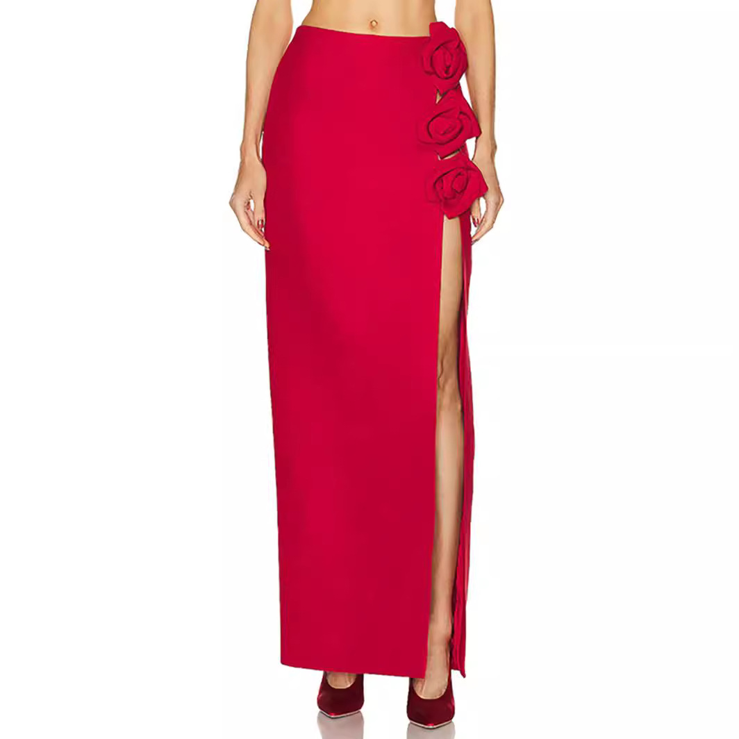2024 New Red Three-dimensional Flower High Split Long Skirt Skirt Europe and America Foreign Trade Bandage Skirt Sexy Women's Clothing