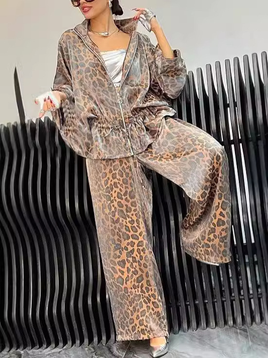 2025现货秋冬新款欧美跨境女式翻领腰部抽绳长袖豹纹休闲套装|undefined