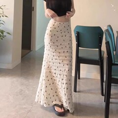 2025新款韩系白色碎花半身裙子女夏季小个子高腰半裙鱼尾包臀长裙