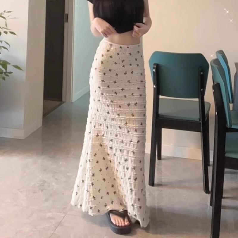 2025 New Korean Style White Floral Skirt for Women Summer Petite High Waist Skirt Fishtail Hip Long Skirt