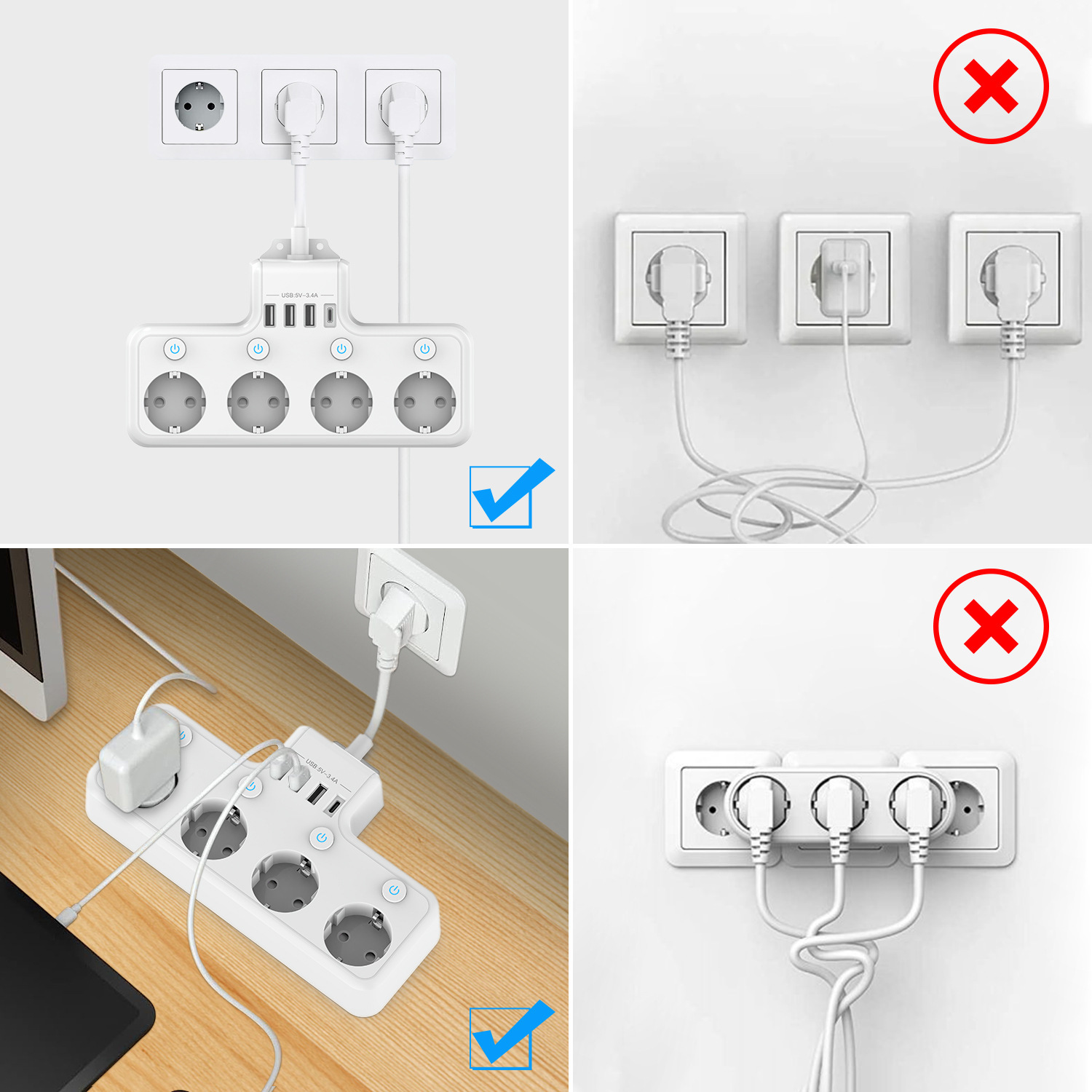 Cross-Border EU Desktop Short Line 4-Port USB Power Strip German Standard Multi-Functional Multi-Socket Outlet_voghion.com