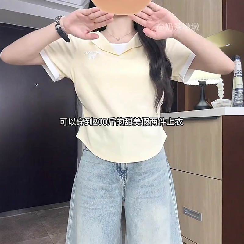 纯欲风大码正肩T恤女时尚翻领显瘦短袖夏季胖MM收腰褶皱刺绣上衣|undefined
