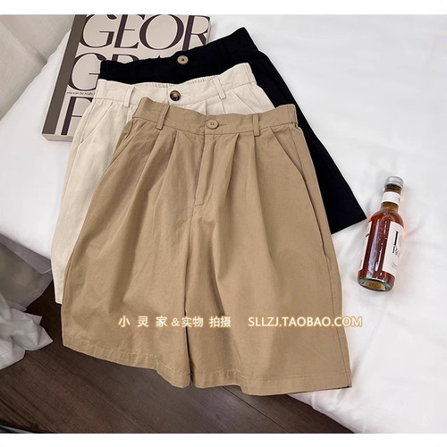 Women's beige American-style suit shorts 2025 summer thin loose slimming wide-leg five-pocket pants, dropshipping one piece