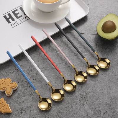 304不鏽鋼咖啡勺子 小圓勺甜品勺 長柄網紅調羹兒童水果攪拌勺