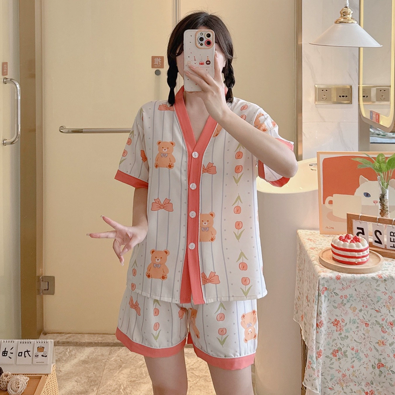 Тонкая домашняя одежда, летние женские пижамы через границу, хлопковый кимоно-воротник Wahl, шорты с короткими рукавами, костюм-кардиган, свободный большой размер.