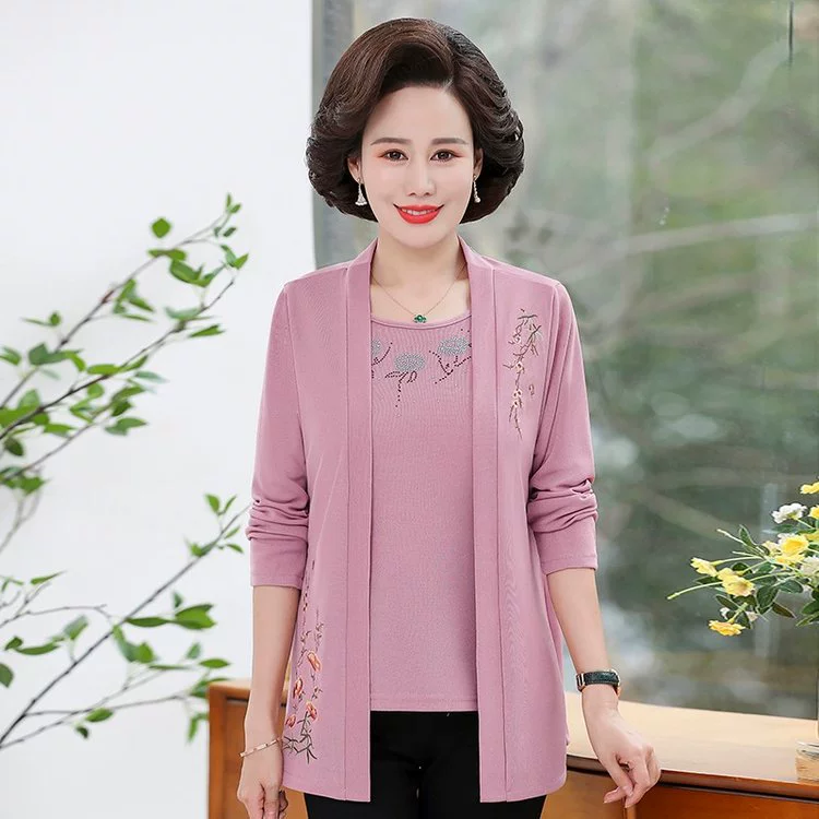 Женский свитер из двух частей с длинным рукавом для матери среднего и пожилого возраста, Повседневный свитер для матери с коротким рукавом и внешней запахом на весну и осень