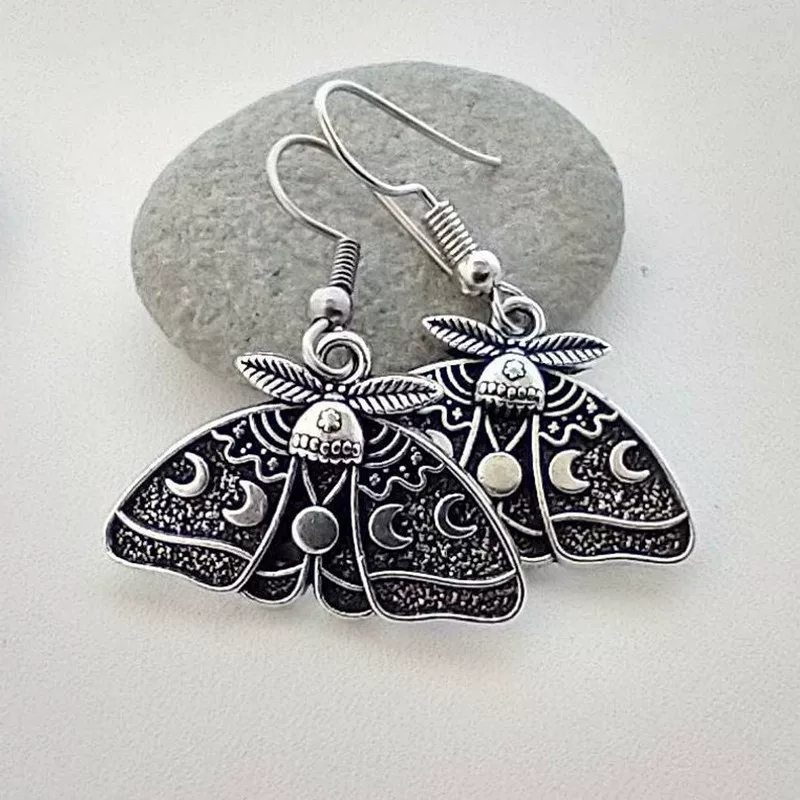 Silver Moth Pendant Earrings, Gothic Style, Simple Elegant Design, 2 Styles