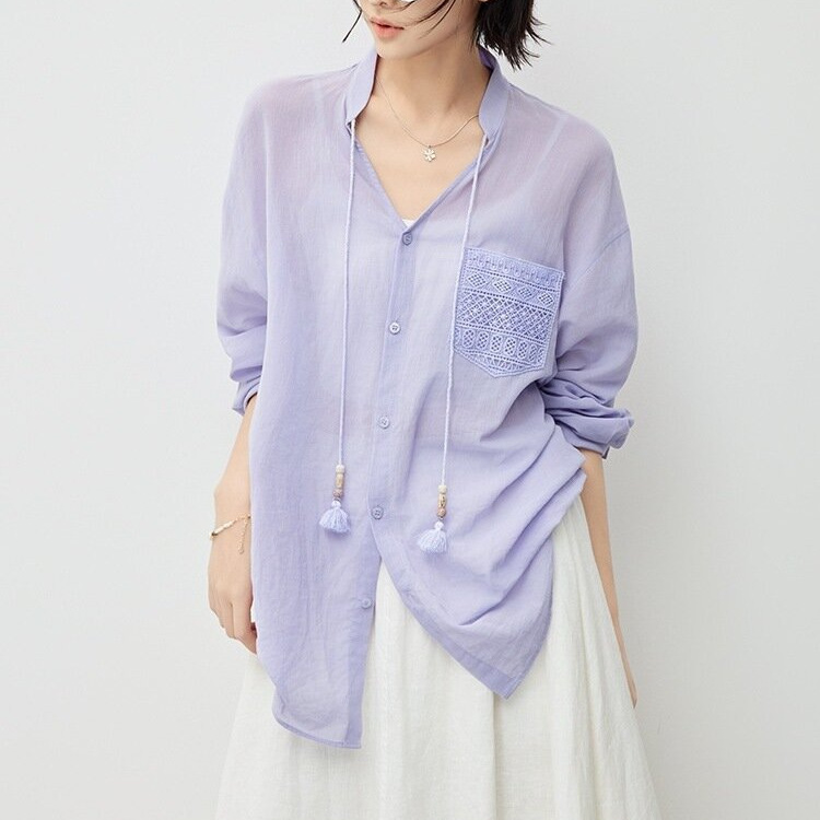 Meiyang Florida Summer Lace Shirt Literary and Romantic ~ V-Neck Lace Embroidered Shirt - Friday