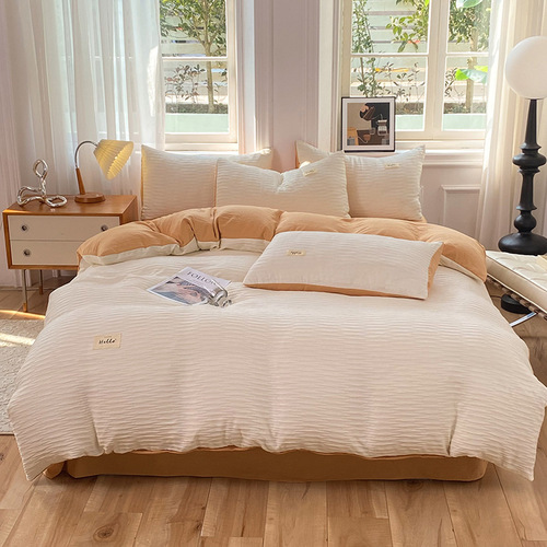 Korean-style high-value water-washed cotton bubble gauze four-piece set, ins-style solid-color duvet cover and bed sheet set wholesale
