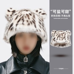 豹纹帽子保暖时尚百搭熊耳朵秋冬防寒加厚毛绒仿皮草跨境甜酷