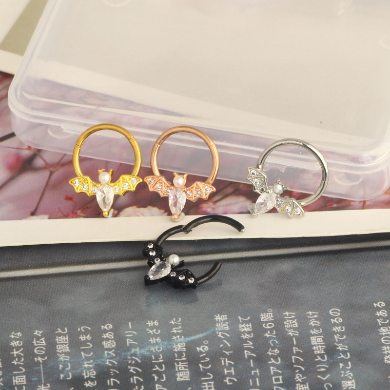 Halloween Bat Nose Ring Star Zircon Nose Stud Cartilage Earring Closed Ring Piercing Jewelry Rose Gold Stainless Steel detail image 7