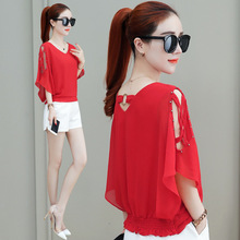 短袖雪纺衫女2025新款时尚遮肚子洋气小衫双v领蝙蝠衫露肩衬衫女
