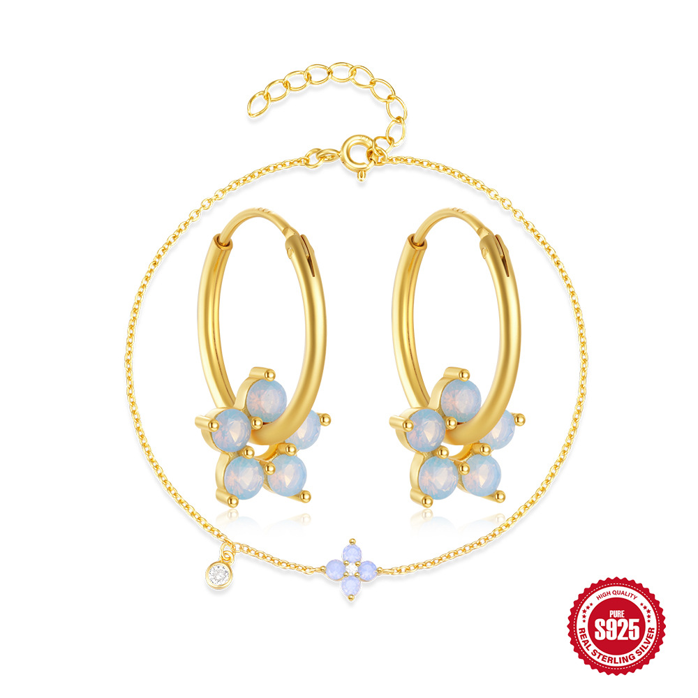 Commuter simple desgaste s925 plata de ley azul ópalo costura Lucky trébol elemento arete conjunto de pulsera