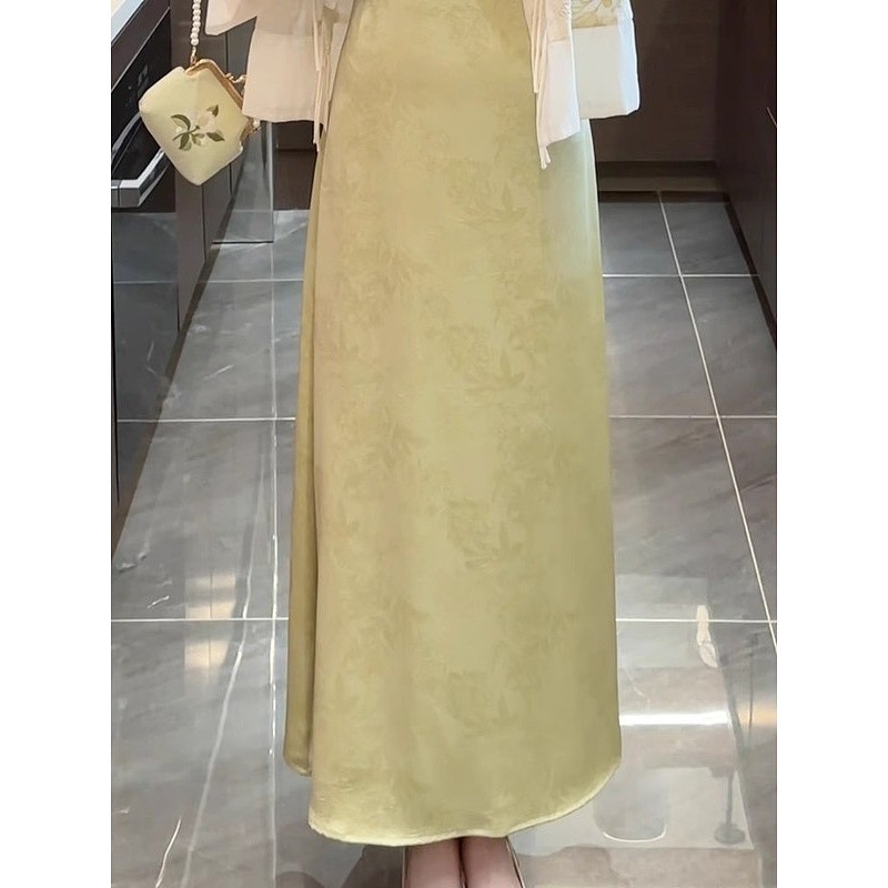 高级感缎面丝滑吊带连衣裙女2025夏季新中式修身减龄提花长款裙|undefined