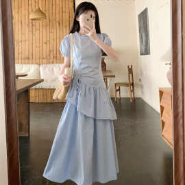 法式蓝色设计感连衣裙子女2025夏季新款泡泡袖小众气质高级感长裙