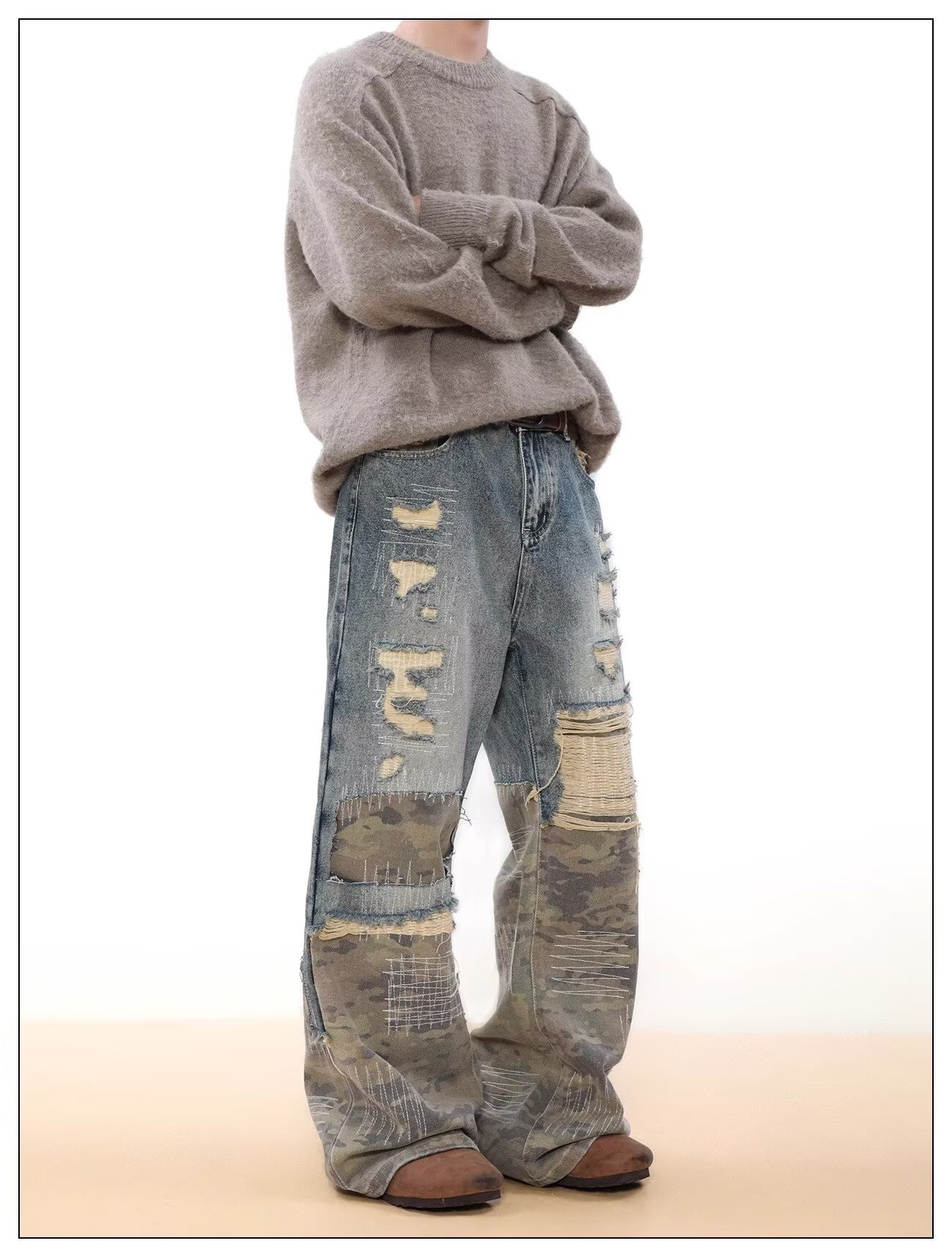 Jeans uomo vintage denim distressed patchwork camouflage blu_voghion.com