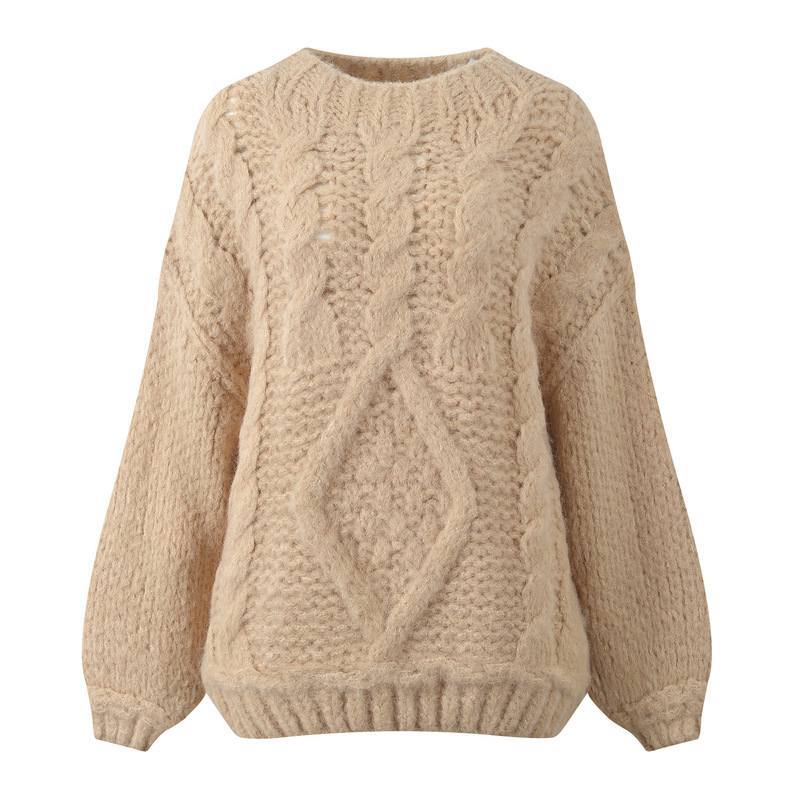 2025 Autumn/Winter New Heavy Knit Thick Cable Pattern Solid Color Loose Versatile Knitted Sweater Pullover Top