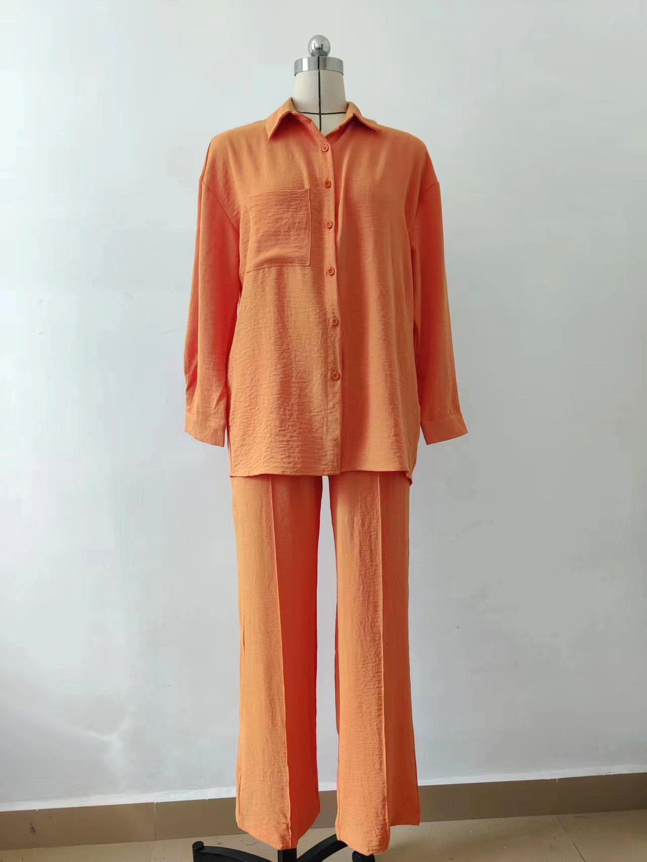 Suit Women Autumn Winter Long Sleeved Shirt Pleated Elastic Waist Pants Elegant Two Piece Set