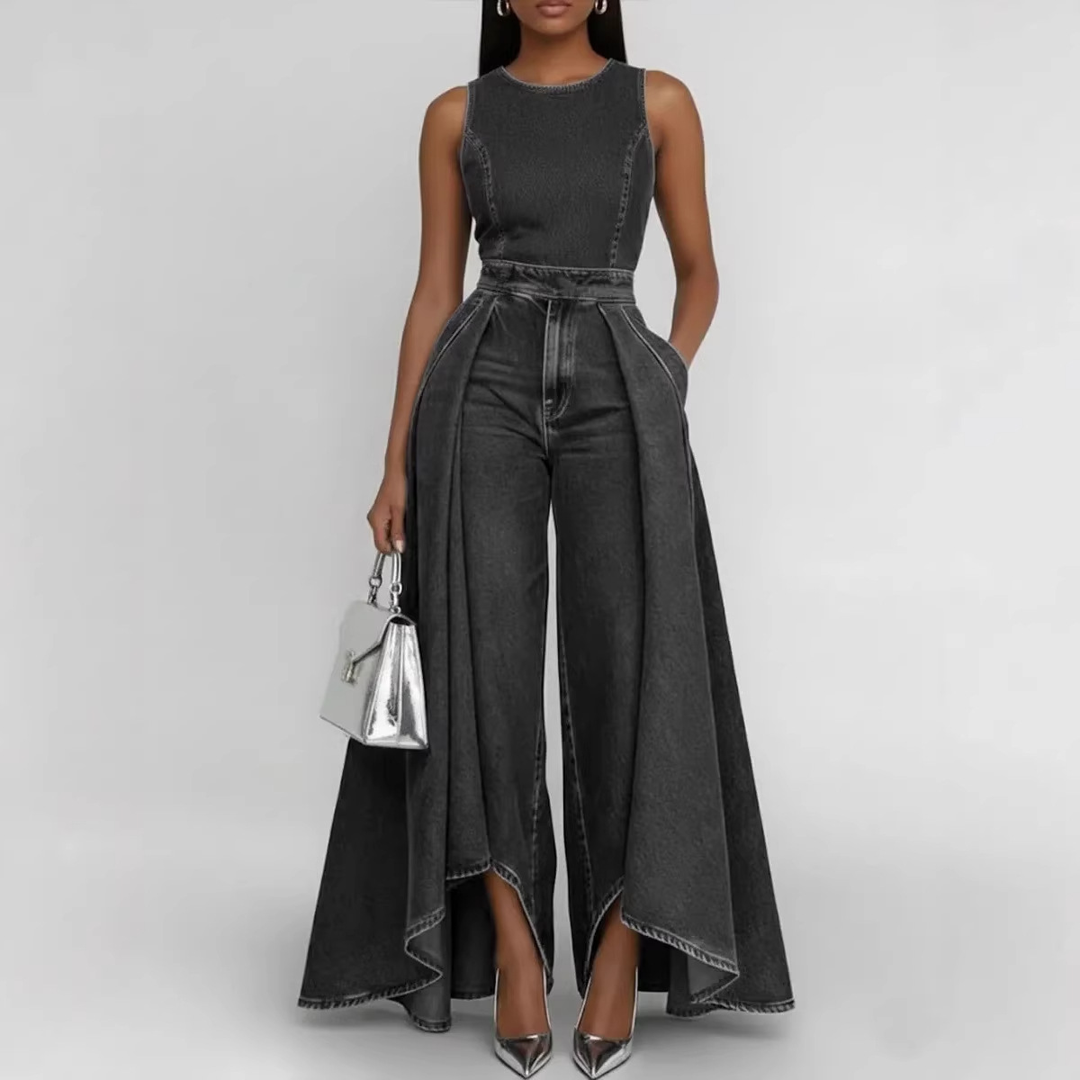 Ropa de mujer Mono vaquero informal sin mangas con cuello redondo y pernera ancha para mujer, ideal para ocasiones formales e informales._voghion.com