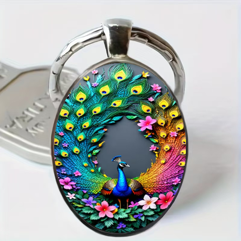 Cross-Border Hot-Selling Exquisite Peacock Feather Colorful Oval Glass Alloy Keychain Pendant Fashion Accessory Cross-Border Hot-Selling Exquisite Peacock Feather Colorful Oval Glass Alloy Keychain Pendant Fashion Accessory
