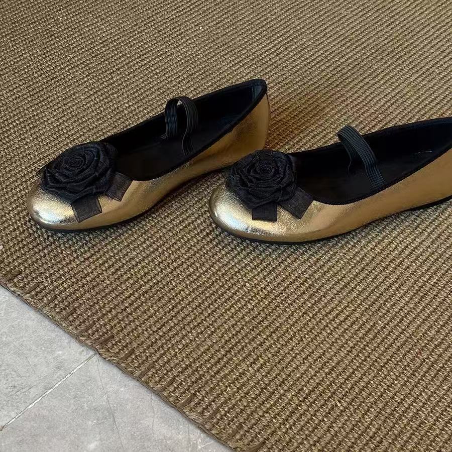 Sheepskin French-Style Floral Mary Jane Women's Shoes with Round Toe, Elegant Ballet Shoes, Versatile Shallow Mouth