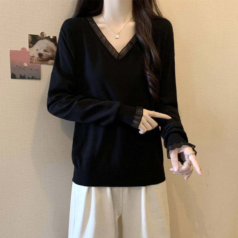 实拍 胖妹妹秋装大码女装新款欧根纱黑色长袖宽松显瘦针织衫上衣