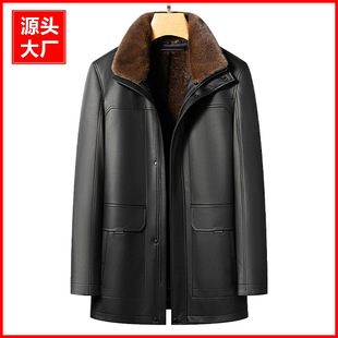 Inobani Leather Jacket Men's Parka with Fur Collar, Detachable Liner for Middle-Aged and Elderly, Winter Coat 2398