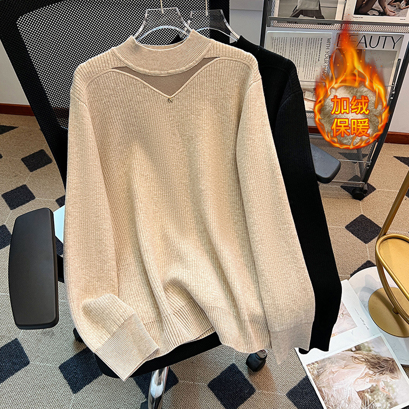 Plus Size Women's Fashion Design Lace Patchwork Fleece-Lined Thick Knit Sweater Slimming Half-High Collar Warm Sweater 2672