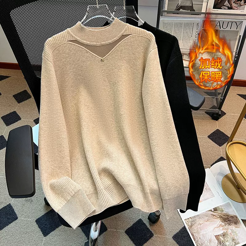 大码女装时尚设计感拼蕾丝加绒加厚针织衫显瘦半高领保暖毛衣2672