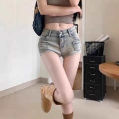 美式辣妹低腰牛仔超短裤女夏季修身显瘦包臀热裤复古浅色直筒裤子