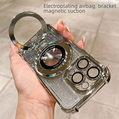 適用iPhone15PRO手機殼氣囊四角防摔支架磁吸閃粉蘋果14電鍍硬殼