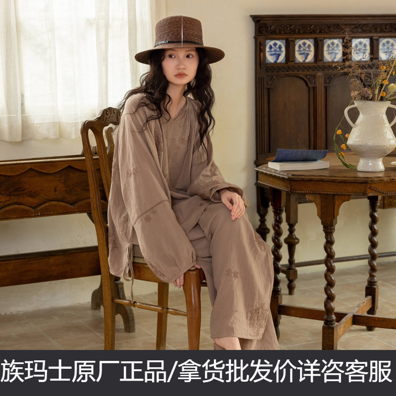 Zumashi Pajamas for Women, Spring and Summer, Pure Cotton Gauze, New Style, Brown Embroidery, Loose Fit, Plus Size Loungewear Set 185