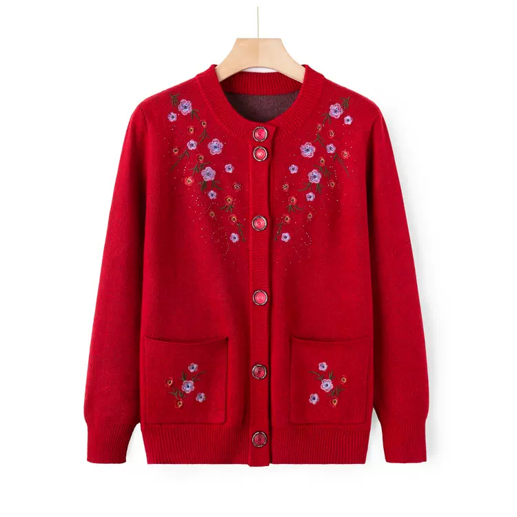 中老年针织衫秋装女妈妈装刺绣毛衣开衫奶奶秋季外套大码老人衣服