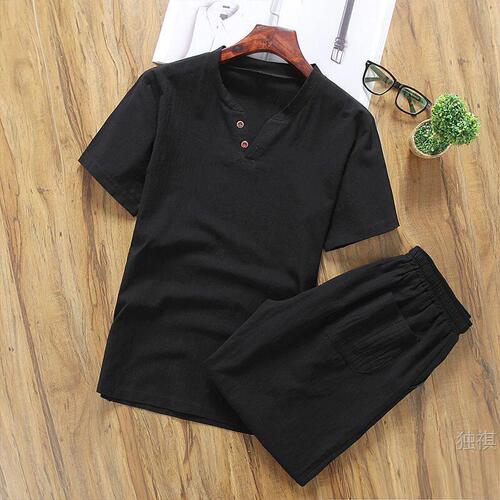 Short-sleeved suit, men's linen t-shirt, summer fat man's loose large size, casual sports, one suit, linen and linen shorts